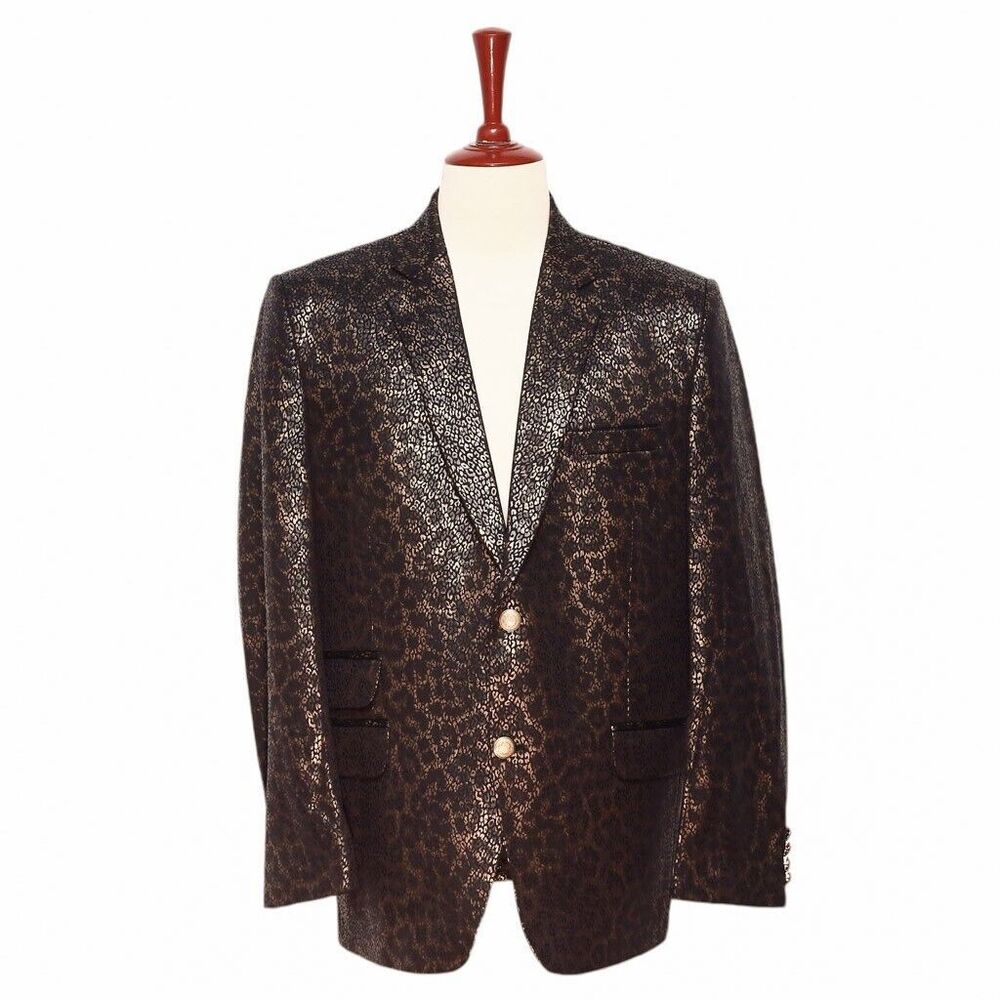 Mens Blazer Black Gold Cheetah Print Formal Party Jacket Wedding Sport Coat 46R